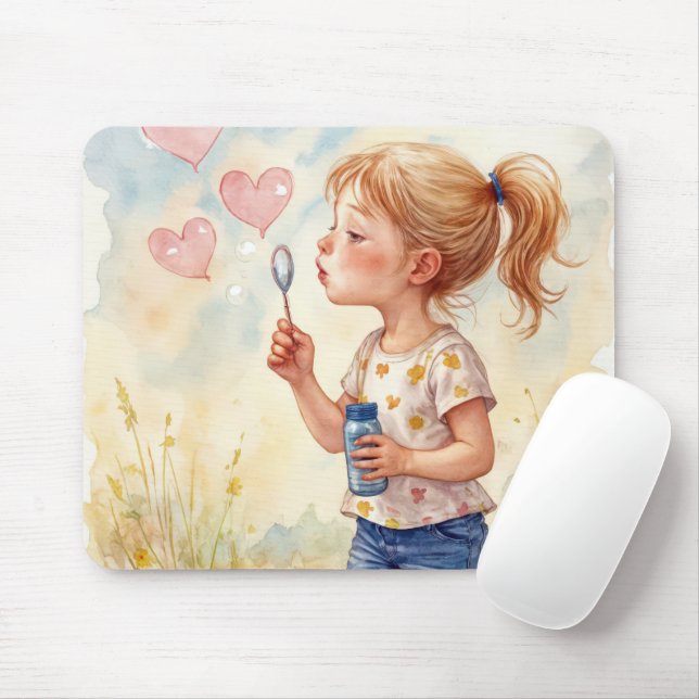 Tapis De Souris Aquarelle de la fille soufflant des bulles du coeu (Avec souris)