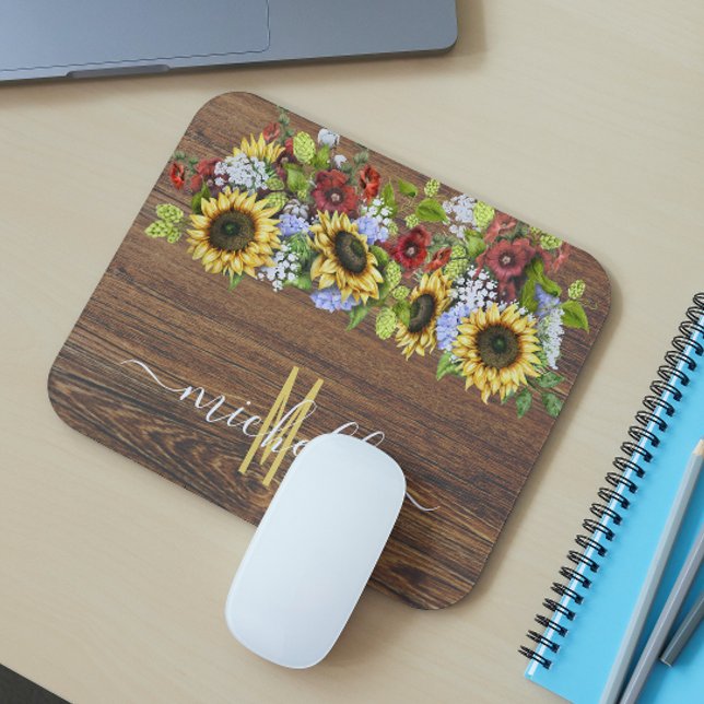 Tapis De Souris Aquarelle de tournesol en bois rustique personnali (Créateur téléchargé)