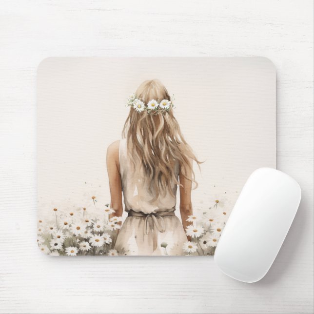 Tapis De Souris Aquarelle d'une jeune femme dans le champ marguerr (Avec souris)