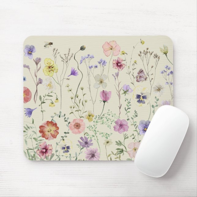 Tapis De Souris Aquarelle féminine fleur sauvage Florale été (Avec souris)