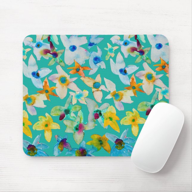 Tapis De Souris Aquarelle fleurs bleues blanches (Avec souris)