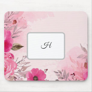 Tapis De Souris Aquarelle Fleurs roses sur un Mousepad monogrammé