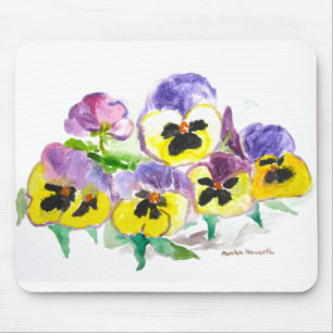 Tapis De Souris Aquarelle Fleurs Violettes Jaunes Pensées Floral R