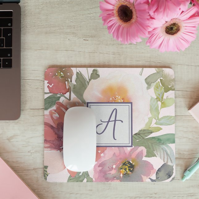 Tapis De Souris Aquarelle Florale Monogramme Mousepad Modèle (Créateur téléchargé)