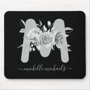 Tapis De Souris Aquarelle florale noire en argent Monogramme