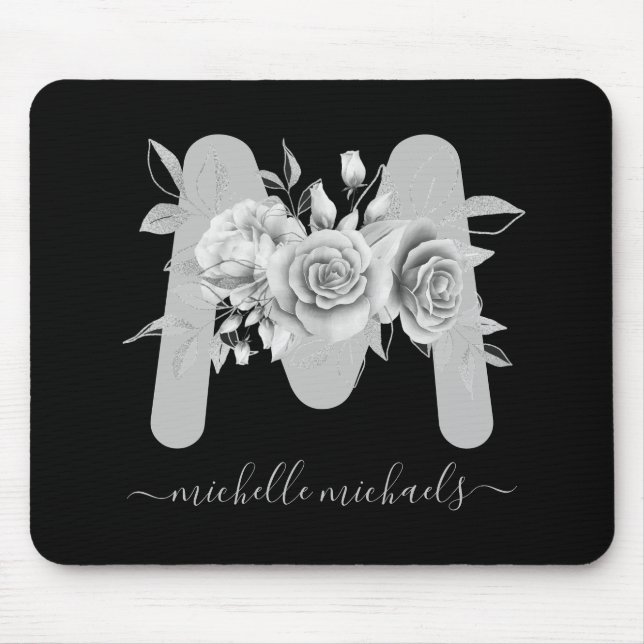 Tapis De Souris Aquarelle florale noire en argent Monogramme (Devant)