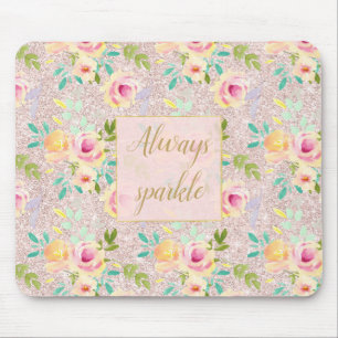 Tapis De Souris Aquarelle Florale Pailletée Fausse Teinte Rose