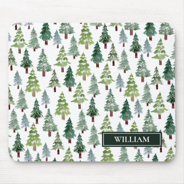 Tapis De Souris Aquarelle Forêt de pins d'hiver personnalisée (Devant)