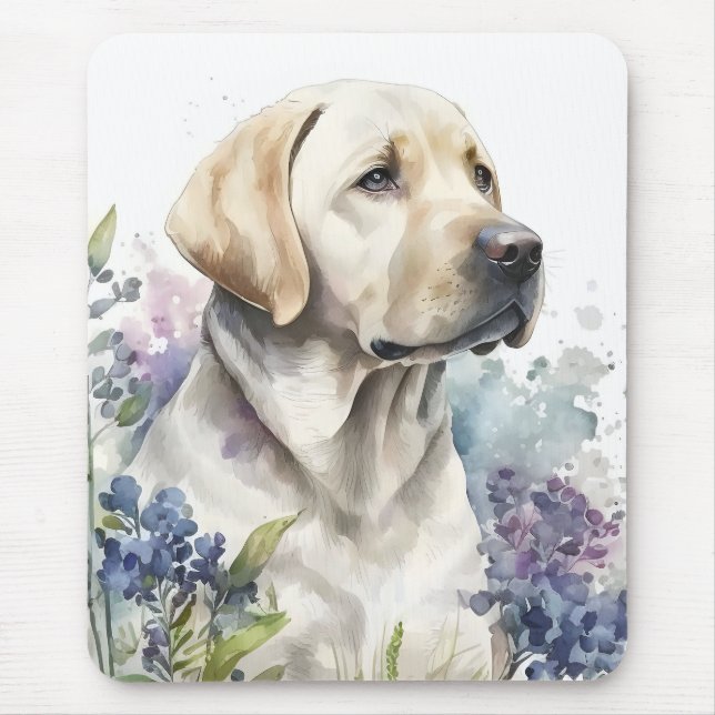 Tapis De Souris Aquarelle Golden Labrador Retriever et Fleurs (Devant)