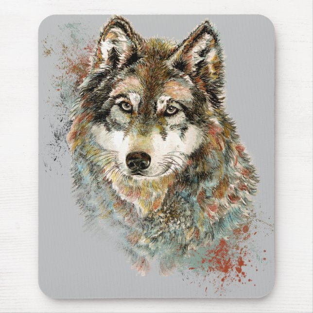Tapis De Souris Aquarelle Gris Loup Faune Animal Nature Art (Devant)