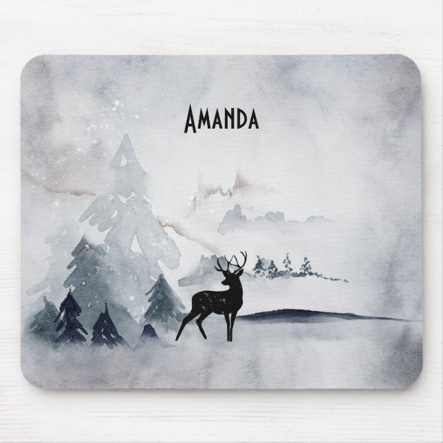 Tapis De Souris Aquarelle gris rustique de rennes d'hiver (Devant)