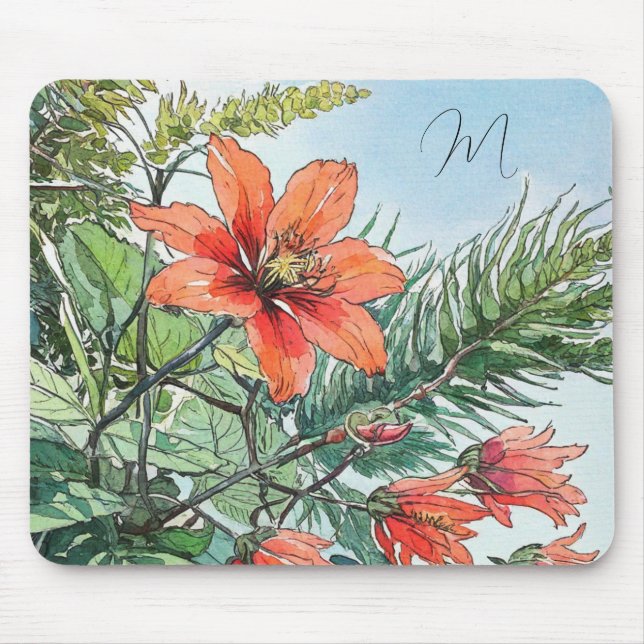 Tapis De Souris Aquarelle illustrée Botanique Orange Floral (Devant)