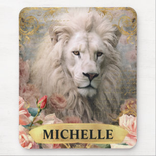Tapis De Souris Aquarelle Lion blanc Vintage et Roses roses roses