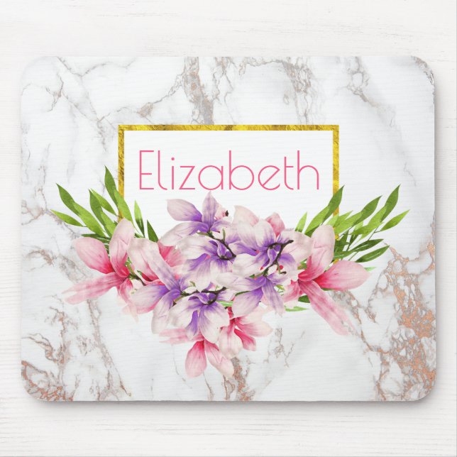 Tapis De Souris Aquarelle Magnolias, Faux Marble Texture personnal (Devant)