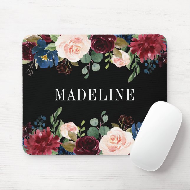 Tapis De Souris Aquarelle moderne élégante Floral Noir tendance (Avec souris)