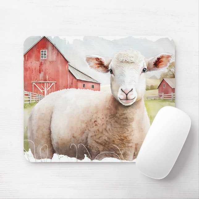 Tapis De Souris Aquarelle Mouton Et Grange Rouge (Avec souris)