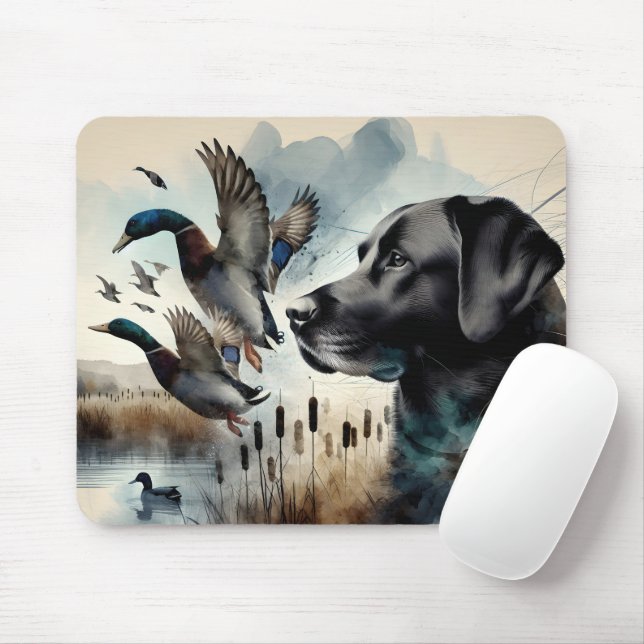 Tapis De Souris Aquarelle Noir Labrador Et Canards (Avec souris)