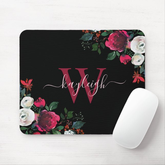 Tapis De Souris Aquarelle noire bordeaux Nom floral Monogramme (Avec souris)