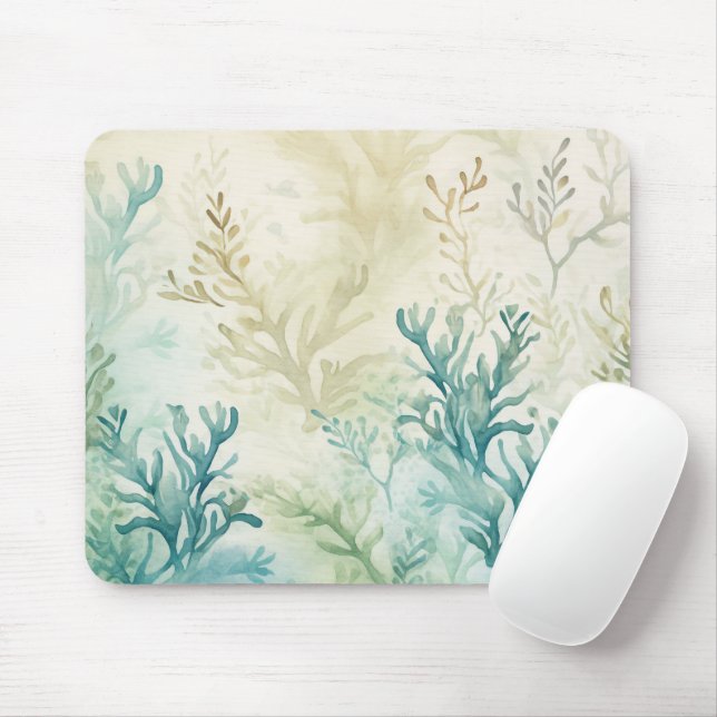 Tapis De Souris Aquarelle Océan Algues Plantes Beige Turquoise Aqu (Avec souris)