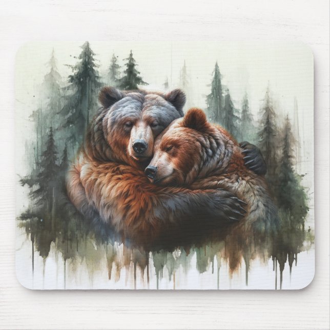 Tapis De Souris Aquarelle Ours & Arbres Sauvage rustique (Devant)