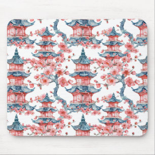 Tapis De Souris Aquarelle Pagode chinoise avec fleurs de cerisiers