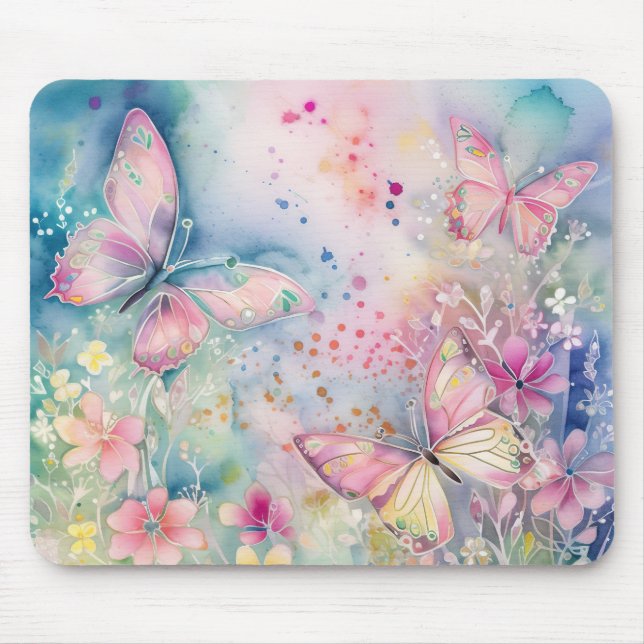 Tapis De Souris Aquarelle Papillons et fleurs Whimsical (Devant)