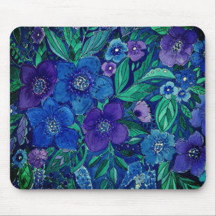 Tapis De Souris aquarelle, pavé de souris fleurs bleues
