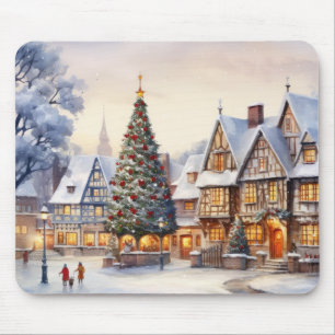 Tapis De Souris Aquarelle Paysage hivernal Village de Noël