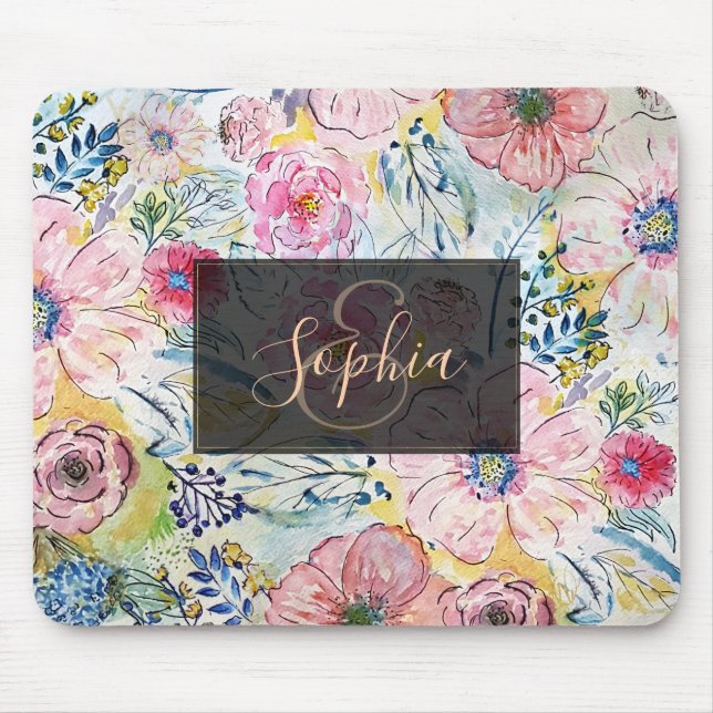 Tapis De Souris Aquarelle peinture à la main design floral (Devant)