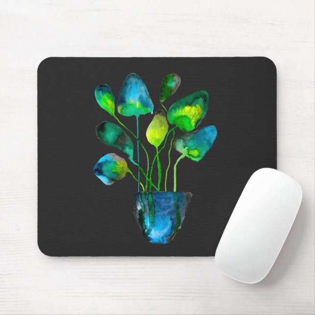 Tapis De Souris Aquarelle plante art vert et bleu abstrait (Avec souris)