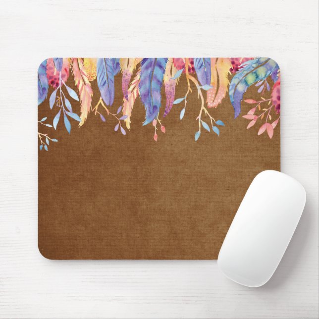 Tapis De Souris Aquarelle Plumes sur Brown (Avec souris)