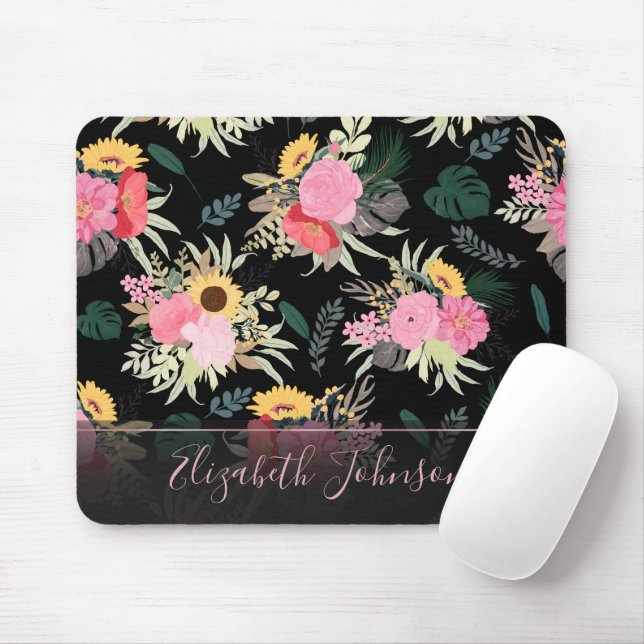Tapis De Souris Aquarelle Poppy & Tournesol Floral Noir Design (Avec souris)