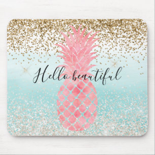 Tapis De Souris Aquarelle rose Ananas tropical Aqua Ombre or