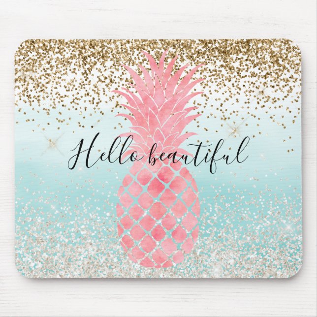 Tapis De Souris Aquarelle rose Ananas tropique Aqua Ombre or (Devant)