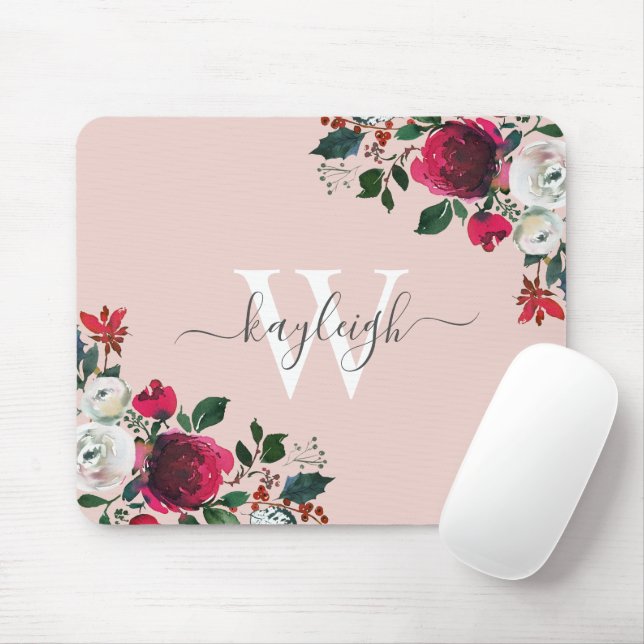 Tapis De Souris Aquarelle rose Bourgogne Rose Floral Monogramme (Avec souris)