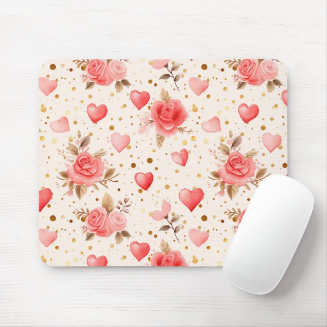 Tapis De Souris Aquarelle rose de Valentine Roses et coeurs (Avec souris)
