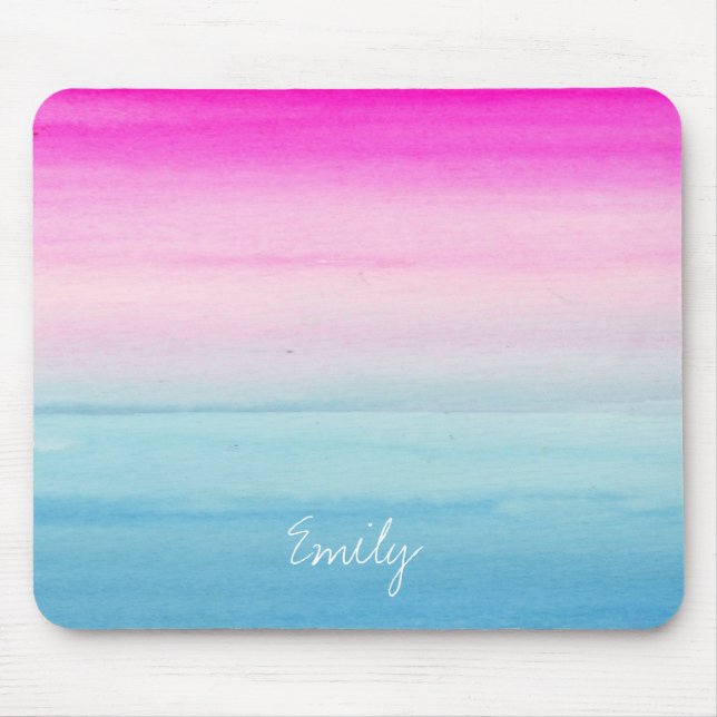 Tapis De Souris Aquarelle rose et bleu Ombre | Ajouter Votre Nom (Devant)