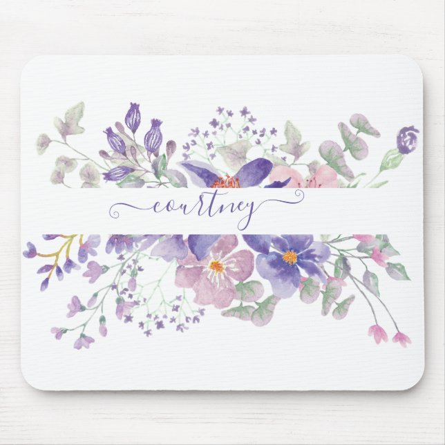 Tapis De Souris Aquarelle rose et violet florale personnalisée (Devant)