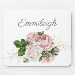 Tapis De Souris Aquarelle rose pâle Floral Blanc Script
