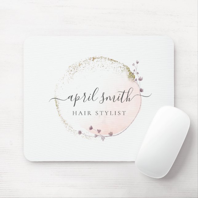 Tapis De Souris Aquarelle rose pâle Or Cercle Floral (Avec souris)