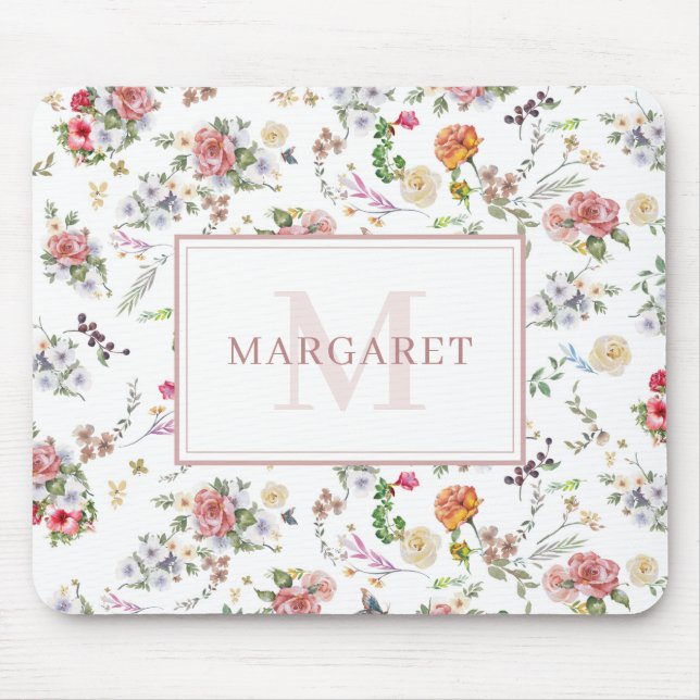 Tapis De Souris Aquarelle Rose rose Floral Monogramme (Devant)