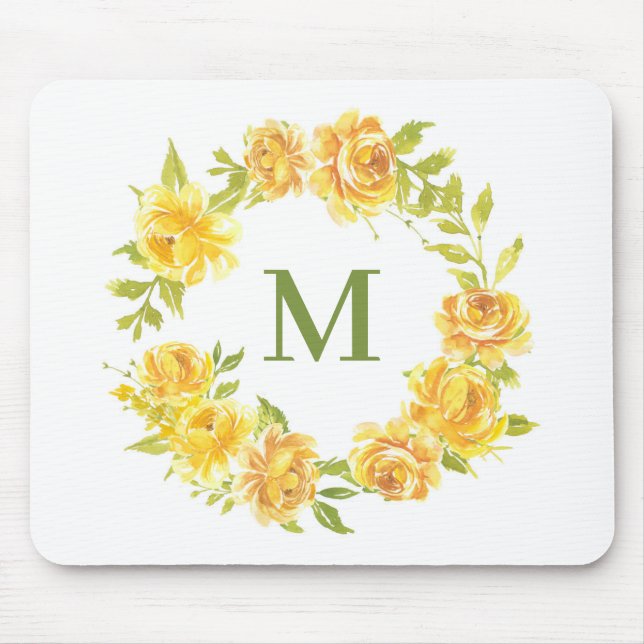 Tapis De Souris Aquarelle Roses jaunes Floral Wreath Monogramme (Devant)