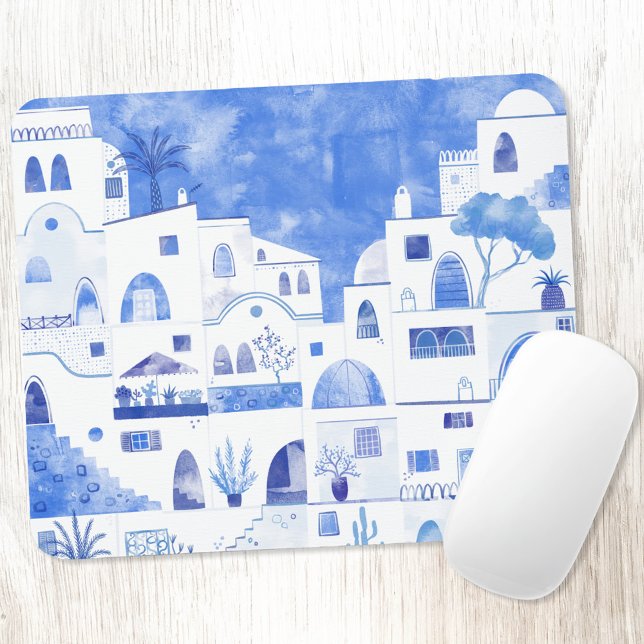 Tapis De Souris Aquarelle Santorin Grèce (Santorini Greek Island blue and white watercolor painting on a mouse mat)