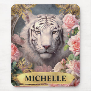 Tapis De Souris Aquarelle Tigre Blanc Vintage et Roses Roses