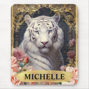 Tapis De Souris Aquarelle Tigre Blanc Vintage et Roses Roses Fleur