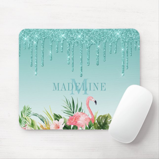 Tapis De Souris Aquarelle Tropical Floral Turquoise Parties scinti (Avec souris)