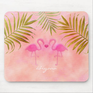 Tapis de souris aquarelle tropicale Deux flamants 