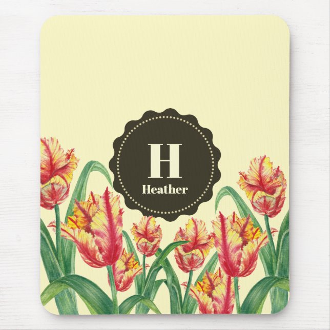 Tapis De Souris Aquarelle Tulipes de perroquets jaunes Monogramme  (Devant)