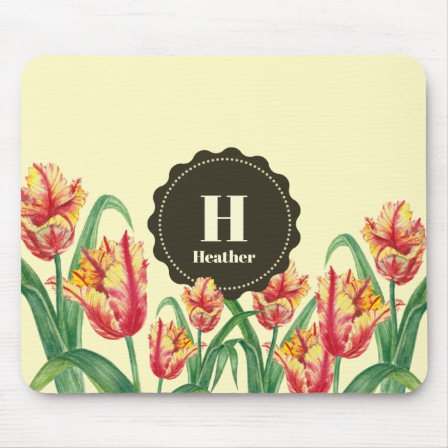 Tapis De Souris Aquarelle Tulipes de perroquets jaunes Monogramme  (Devant)