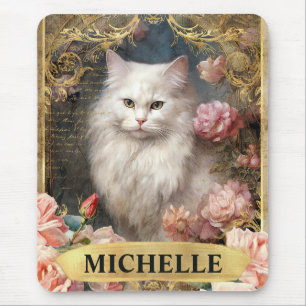 Tapis De Souris Aquarelle Vintage Chat blanc et Roses roses roses